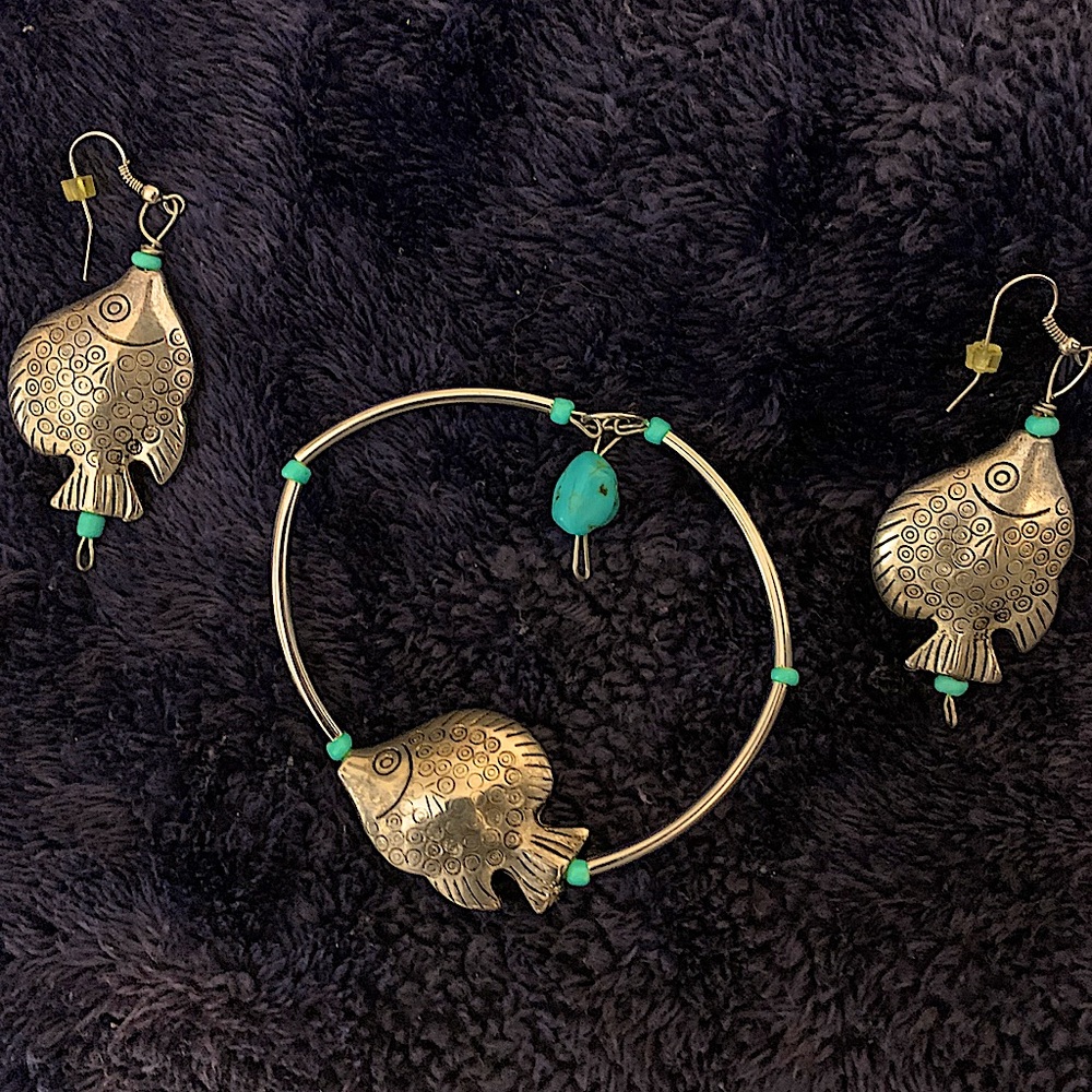 Silver and Turquoise Fish Earring and Bracelet Set